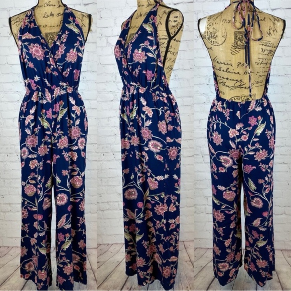 Angie Blue Floral Print Halter Style Wide Leg Jumpsuit